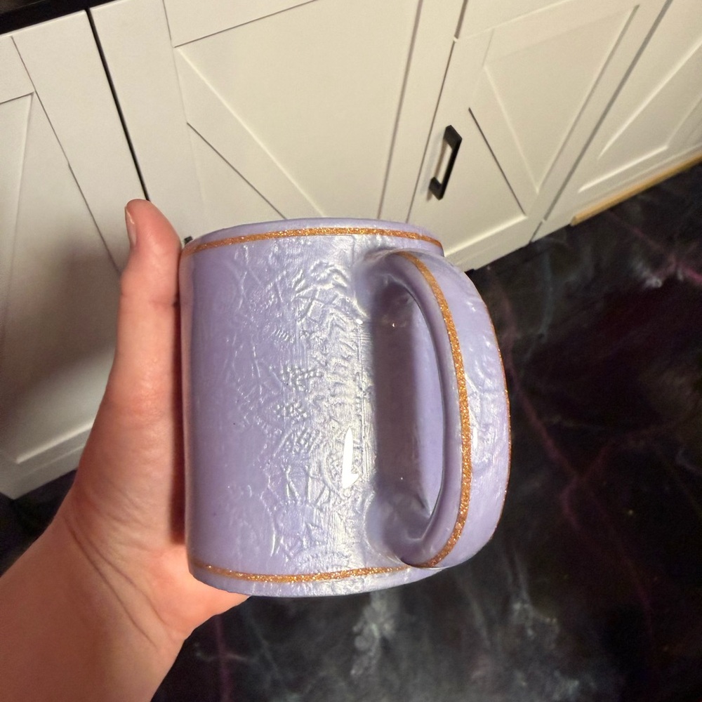 Lavender Ceramic Mug with Gold Trim Handmade Embossed Glitter